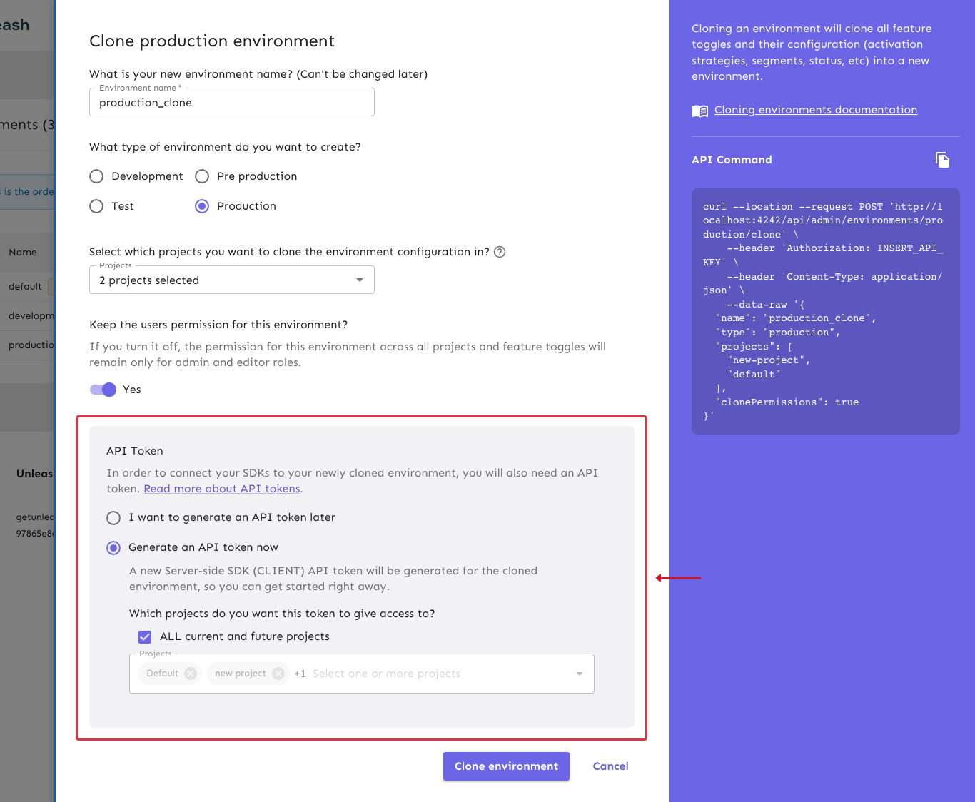 The clone environment form with the API Token section highlighted and the Generate an API token now option selected