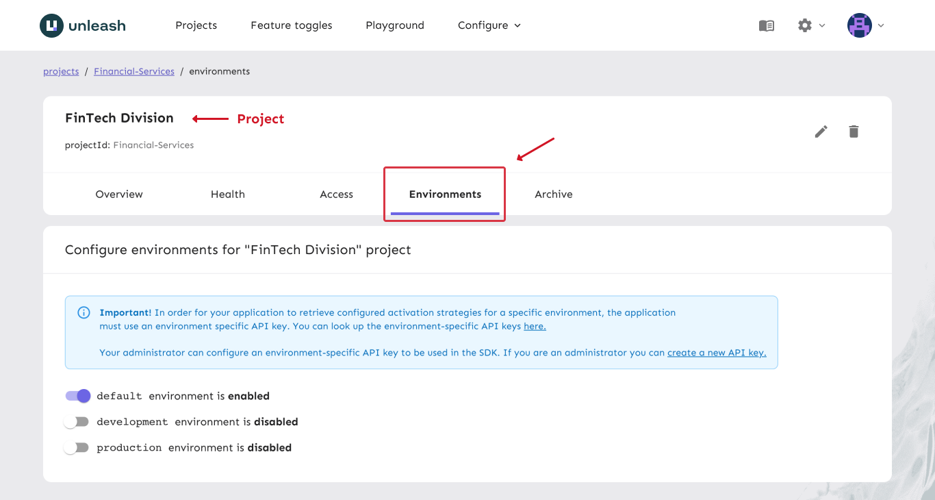 A project view showing the Environments tab. The UI displays three environment toggles: &quot;default&quot;, &quot;development&quot;, and &quot;production&quot;. The &quot;default&quot; environment is enabled.